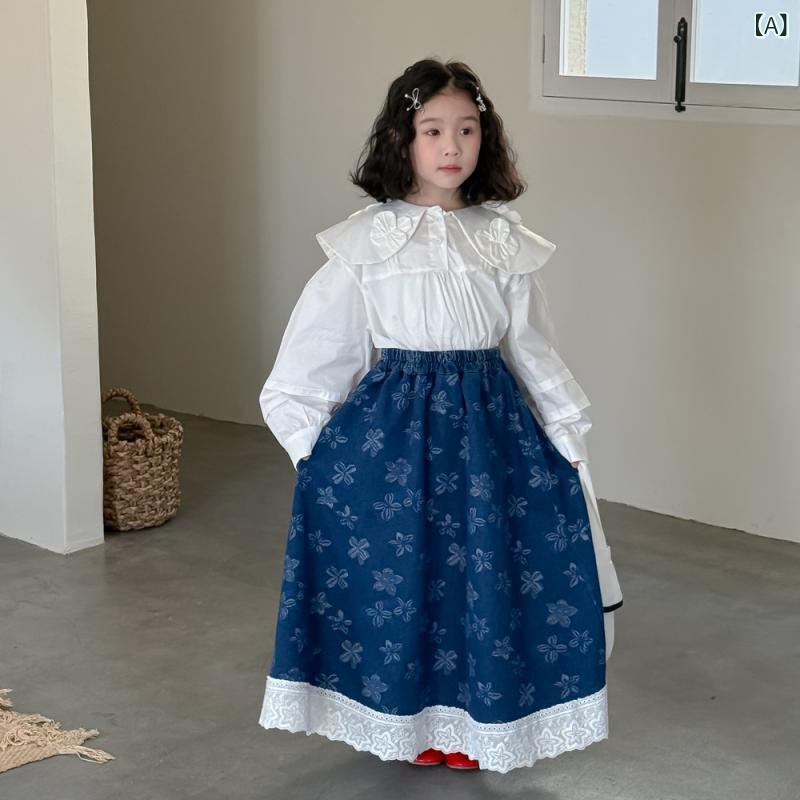 スカート 女の子 春 花柄 プリント ハーフスカート ゆったり フリル デニム カジュアル 普段使い 子供服 韓国風 ミディ丈 軽やか 綿混