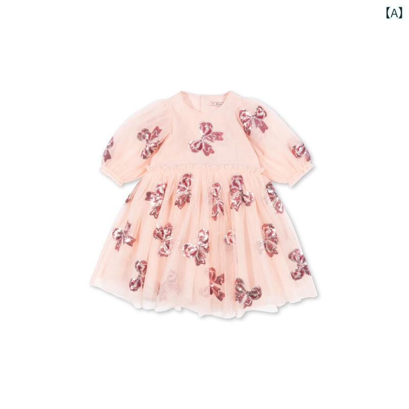 女の子 ワンピース 夏 かわいい プリンセス風 リボン シークイン ファッション ドレス キッズ ガールズ 軽やか スタイリッシュ 蝶結び 輝き 女児服 通学 遊び着