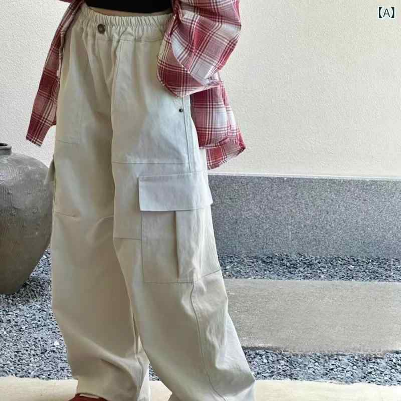 女の子 春秋 白 ストレート カーゴパンツ ゆったり ロング丈 キッズ カジュアル 学生用 日常使い 快適 ルーズフィット