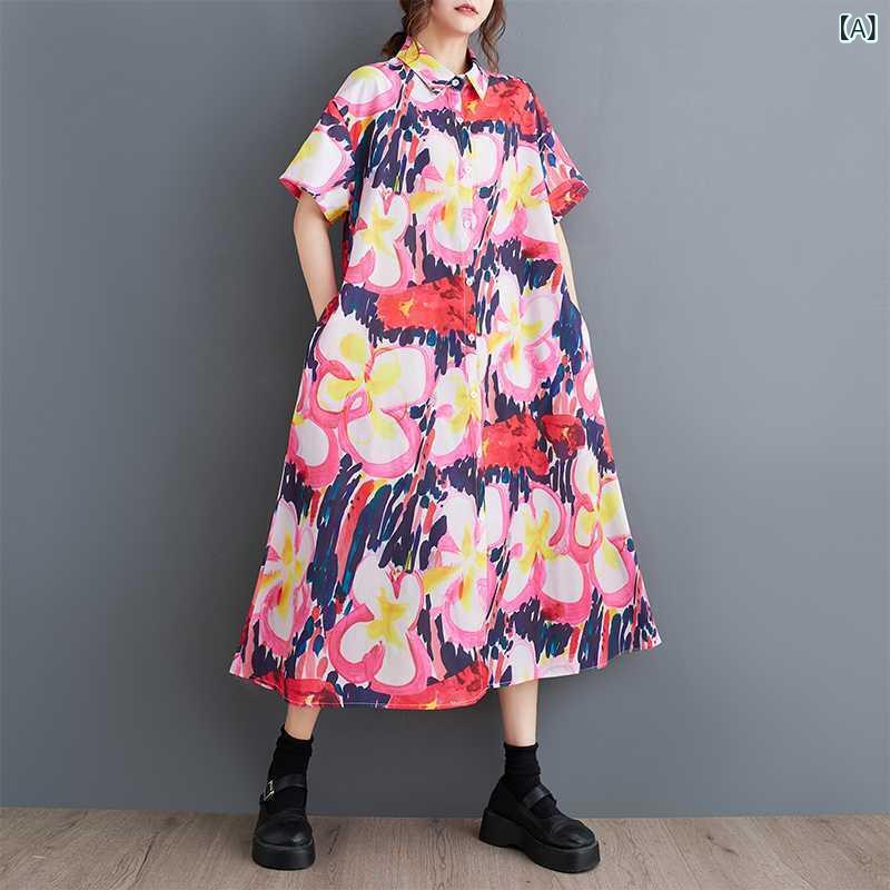 レディース 夏 ワンピース 短袖 ゆったり 大きめサイズ プリント柄 花柄 スリム見え 中長丈 ミディドレス カジュアル ルーズフィット 女性用 トップス ドレス