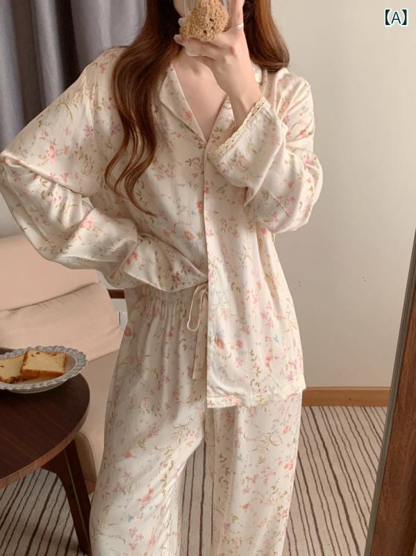 レディース 長袖 小花柄 ゆったり パジャマ セット 秋用 ロングパンツ レース ホームウェア 快適 ルーズフィット 柔らかい 素材 部屋着