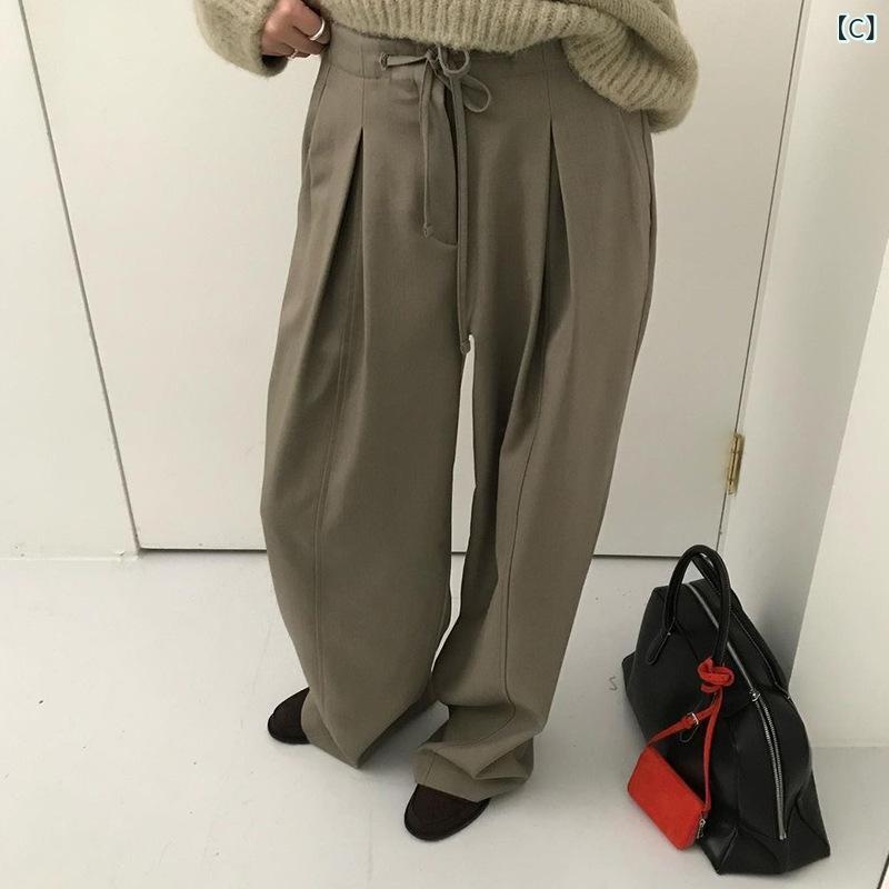 レディース 春夏 韓国風 ワイドパンツ ゆったり ドローストリング フロア丈 ドレープ カジュアル 普段使い ルーズフィット スタイリッシュ ボトムス