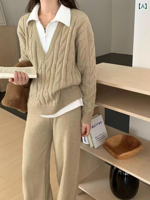 レディース 厚手ニット ワイドパンツ セットアップ 秋冬 高級感 フェイクツーピース スーツカラー ニットアウター 暖か ゆったりシルエット ストレッチ コットン混 ブラック グレー ベージュ 通勤 普段使い|新風堂