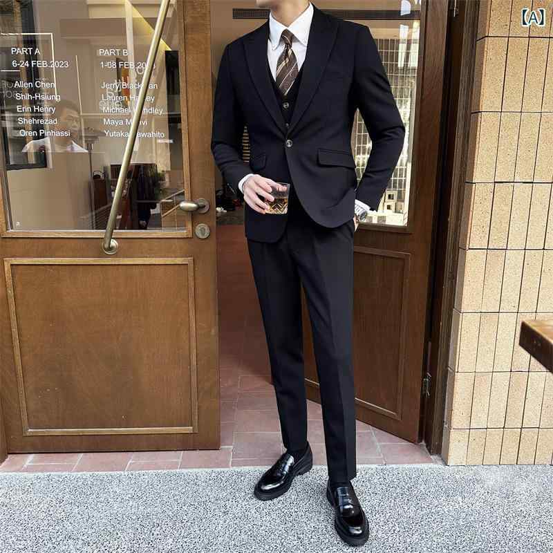メンズ スーツ 3点セット スリム 細身 ビジネスカジュアル 通勤 冠婚葬祭 結婚式 フォーマル 礼服 ジャケット ベスト パンツ|新風堂