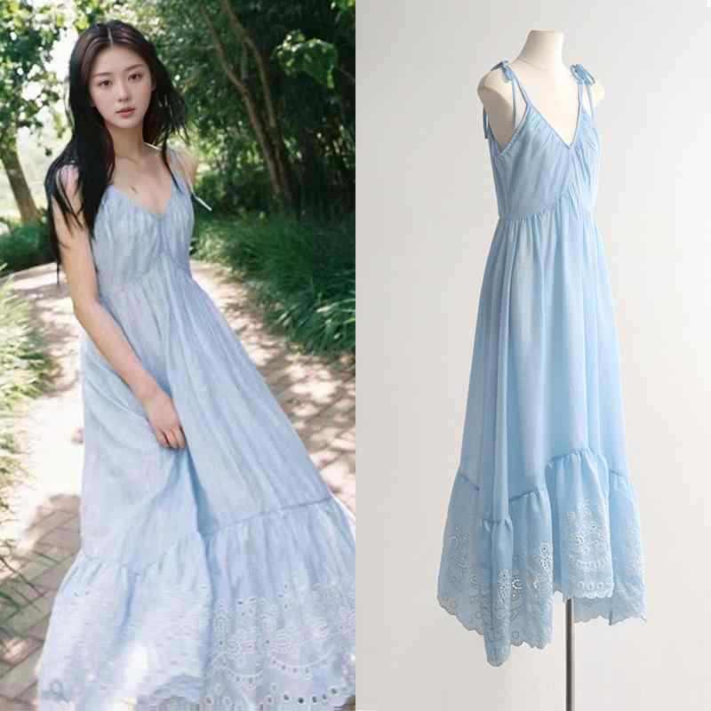 レディース ワンピース 刺繍 レース 切り替え Vネック ロング丈 キャミソール リゾート 夏用 軽量 通気性 ビーチ バケーション スタイル ファッション｜新風堂