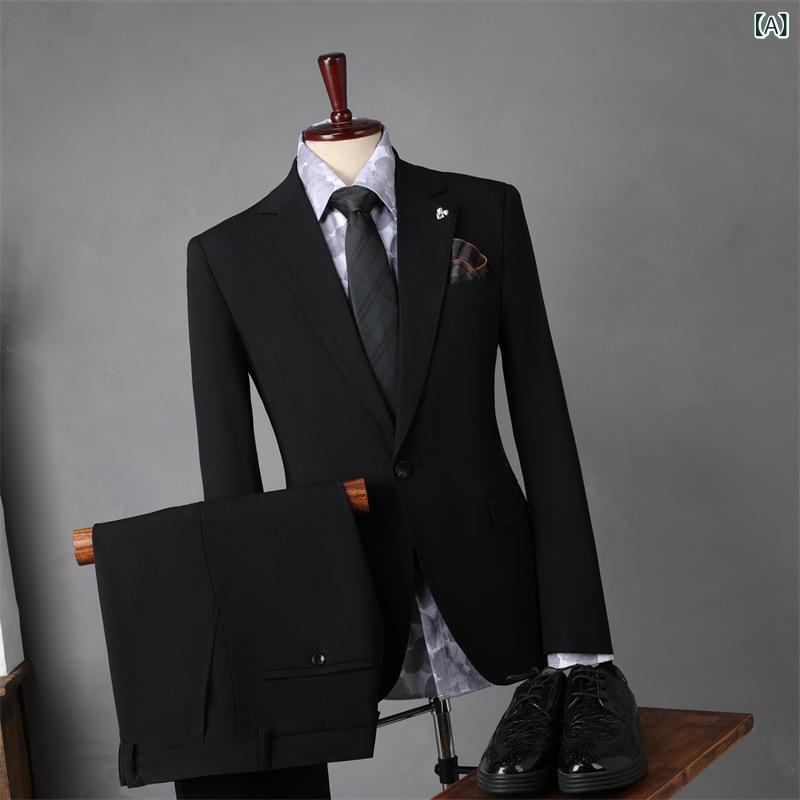 メンズスーツ 新郎用結婚式礼服セット ビジネス職業正装 カジュアルスリムフィット 英倫風韓国スタイル フォーマルウェア 通勤対応 テーラードジャケット トラウザーズ セットアップ ダークカラー ウール調素材 高級感 洗練シルエット