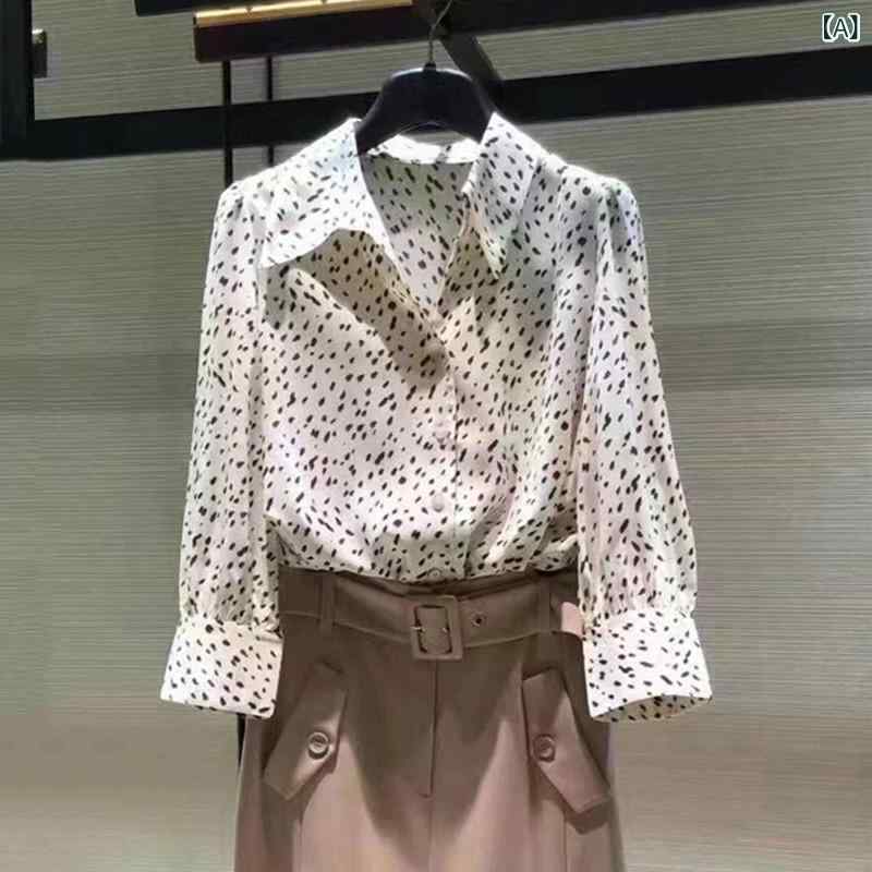 レディース プルオーバー 烏兎 心地好い ラペル色つや 七分袖 ヒョウ柄 点点柄 シフォン トップ トップス 普段使い走り 軽さ 透け感