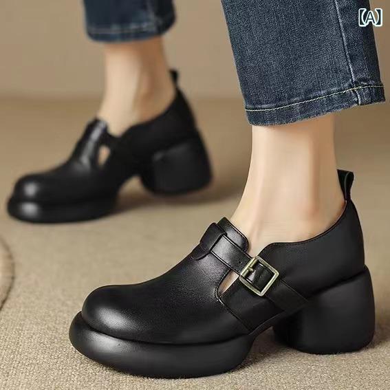 パンプス レディース 本革 厚底 ラウンドトゥ ローカット ベルトバックル 厚ヒール ハイヒール クッション 柔軟 日常使い 履き心地良い カジュアル