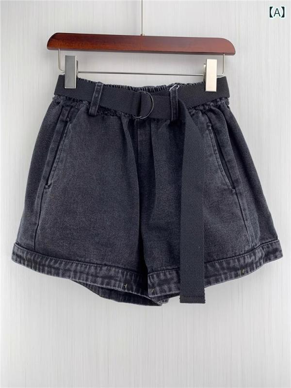 レディース 夏用 ゆったり ウォッシュデニム ショートパンツ デザイン カジュアル ルーズフィット 普段使い 軽量 伸縮性 デニム ブルー系 ハイウエスト