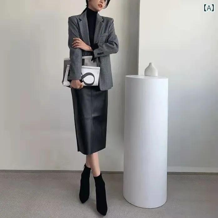 スカート レディース 秋冬 韓国風 上品 高腰 中長丈 ストレート ヒップハング 後ろスリット 光沢 レザー ダークブラウン 通勤 普段使い エレガント スタイル 合成皮革 ブラウン系
