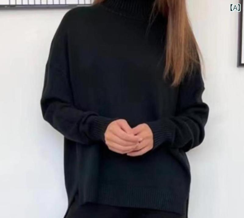 レディース 秋冬 ハイネック ニット トップス ワイドパンツ 2点セット 高級感 無地 リラックススタイル 毛混 ゆったりシルエット 暖か素材 日常使い