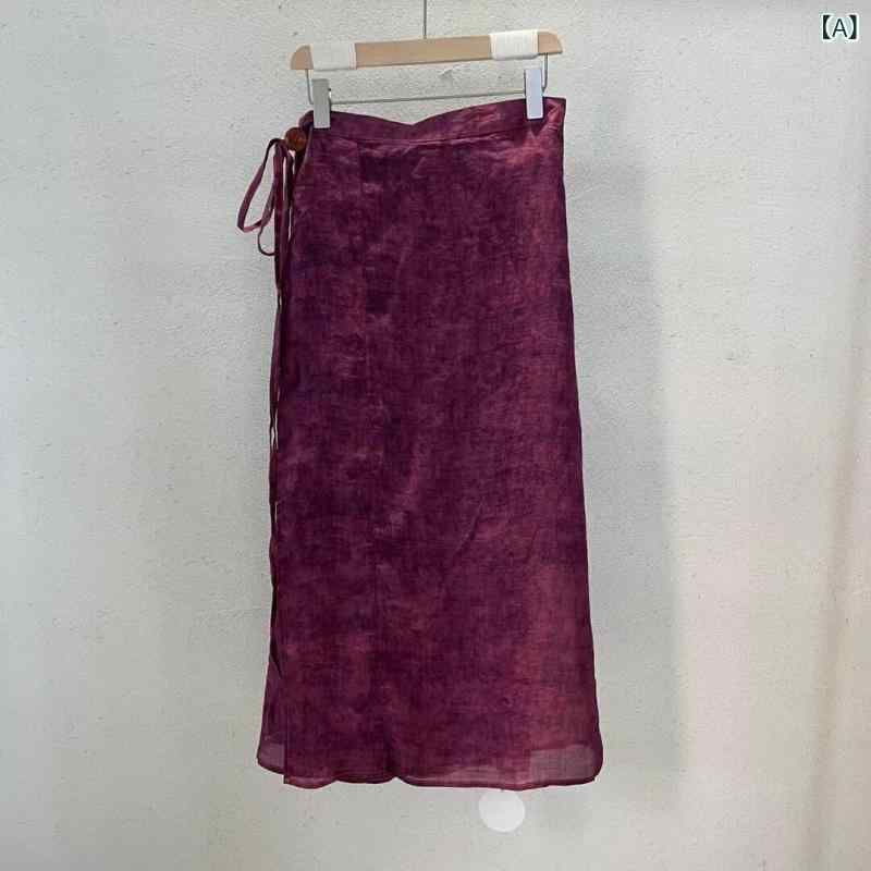 スカート レディース 夏 ハイウエスト ラップスカート ラミー素材 花柄 二重構造 ドローストリング 軽量 通気性 ミディ丈 カジュアル 普段使い 切り替えデザイン 再生繊維 伸縮性|新風堂