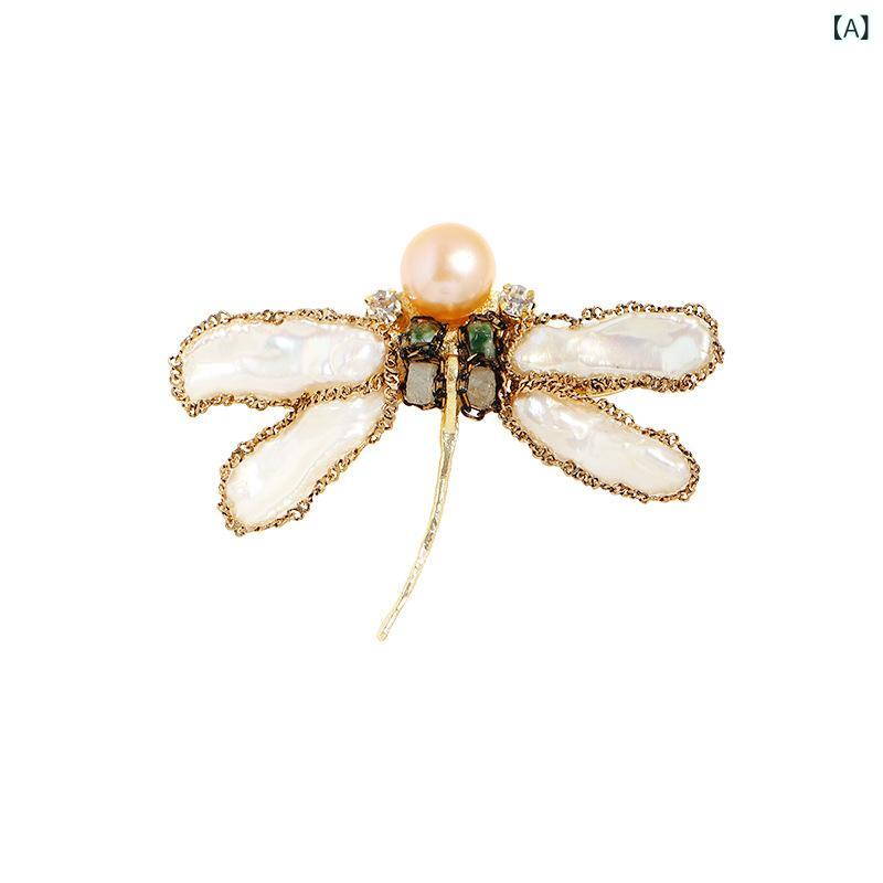 ブローチ レディース トンボ バロックパール ジルコニア 胸花 ファッション アクセサリー 精緻 デザイン 女性用 装飾 ピン 別針 コサージュ 普段使い 華やか 装い