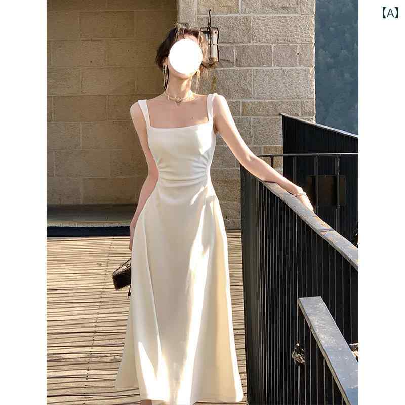 レディース ワンピース ホワイト ストラップ Aライン フレンチ ウエストシェイプ 個性 デザイン 上品 ロングドレス 女性らしい シルエット フォーマル 普段使い