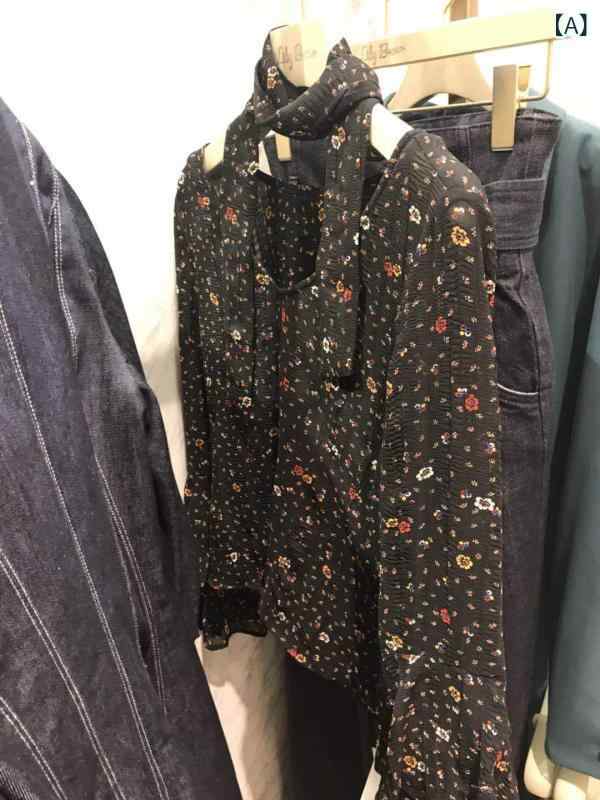 レディース シャツ 春 シフォン 小花柄 ゆったり ラッパ袖 リボン かわいい 風 トップス 軽量 フレアスリーブ 花柄 ブラウス 普段使い