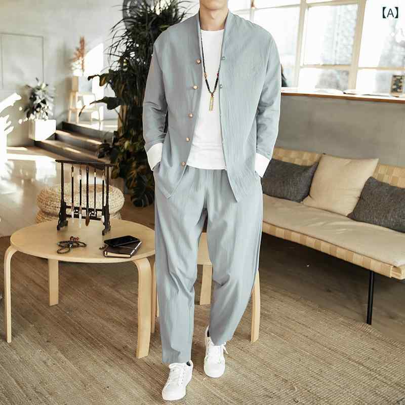 メンズ 漢服 セットアップ ア麻原料品 中国風 唐装 禅服 返り咲き 大時代 通気性 吸湿性 軽さ 言い慣わし御召しもの 成人男性用 春向け