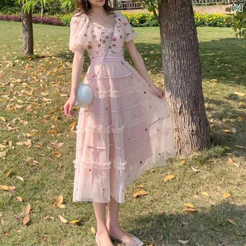 ワンピース レディース フラワープリント チュール素材 水玉柄 小花柄 Vネック スリムライン ウエストマーク フェミニン フレンチスタイル レトロ 中長丈 エレガント 軽量 通勤用 普段使い