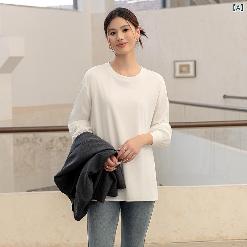 レディース 長袖 Tシャツ 丸首 無地 綿素材 ゆったり リラックス風 通勤用 春 トップス ルーズフィット 普段使い 伸縮性