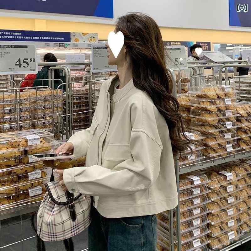 レザージャケット 女性用 ショート丈 春秋 高級感 ゆったり バイカースタイル ファッション コーディネート 軽量 アウター 合成皮革 スタイリッシュ