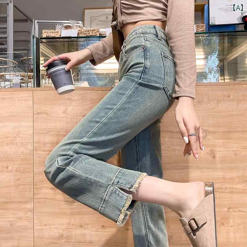 デニムパンツ レディース ライトブルー スリット ストレート スリム レトロ フリンジ 小柄向け 春秋 裏地付き デニム コットン カジュアル 普段使い 伸縮性 暖かみ ペティート サイドスリット クラシックスタイル