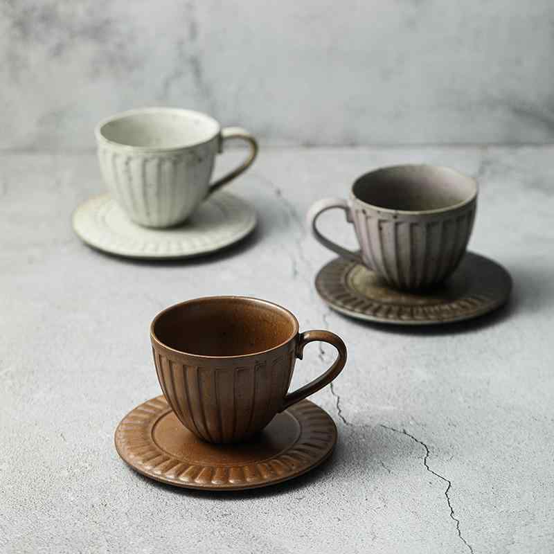 コーヒーカップ 陶器 レトロ ストライプ ソーサー セット アメリカンスタイル 粗陶 ビンテージ 日常使い セラミック クラシック
