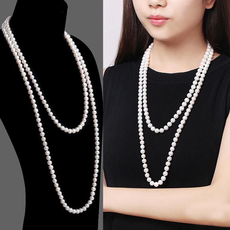 ネックレス レディース 貝殻パール 秋冬 ロング 高級感 重ね付け セーター チェーン ビーズ アクセサリー 軽量 普段使い シルバー アクセント
