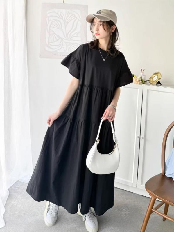 レディース 春夏 フェミニン カジュアル ワンピース 丸首 切り替え プリーツ ラッフルスリーブ 韓国 デイリー 普段使い