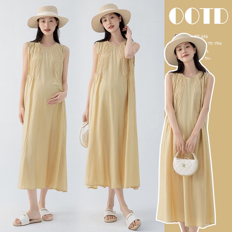 マタニティ ワンピース 妊婦用 かわいい ラウンドネック 夏用 プリーツ Aライン ロングドレス フェミニン ゆったりシルエット 軽量 吸湿速乾 日常使い