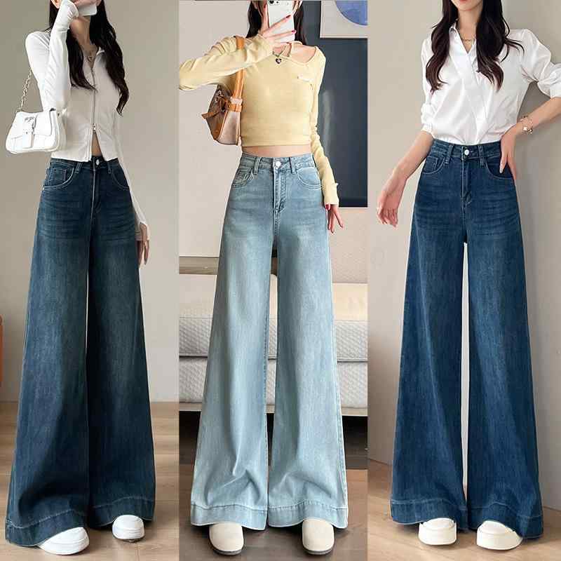 パンツ レディース 水色 ワイドレッグ デニム ハイウエスト 細見え フィット ビッグサイズ レトロ フロア丈 春秋 カジュアル 普段使い ストレッチ コットン混 ゆったりシルエット