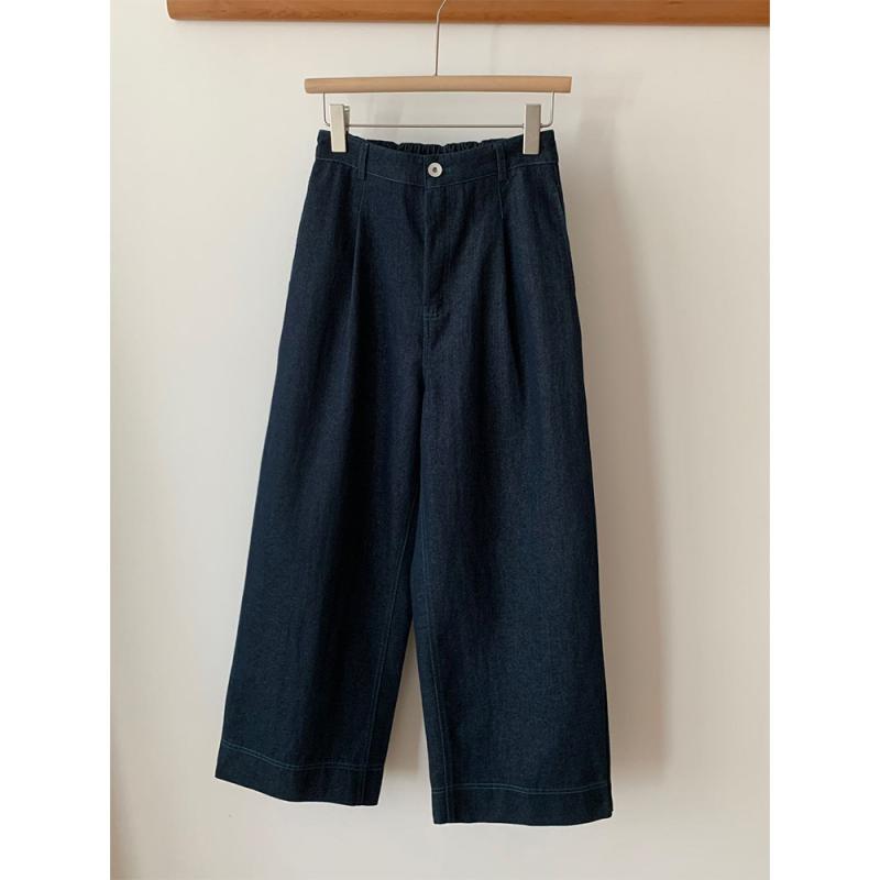 レディース ハイウエスト ワイドパンツ デニム 9分丈 ゆったり 小柄向け 梨型ボディ スリム効果 部分伸縮 カジュアル 普段使い 快適 春