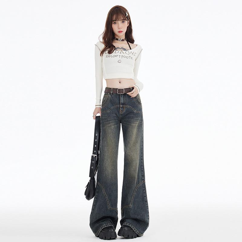 カジュアル レディース 高腰 ワイドレッグ デニムパンツ レトロ 春秋 スリム ロング丈 アメリカンスタイル コットン混 ストレッチ 普段使い