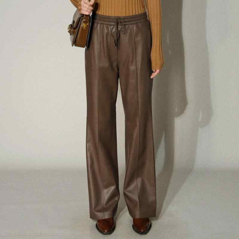 レディース シープスキン 革パンツ ワイドレッグ ロング丈 通勤用 伸縮ウエスト ドローストリング 細見え 柔軟素材 快適フィット