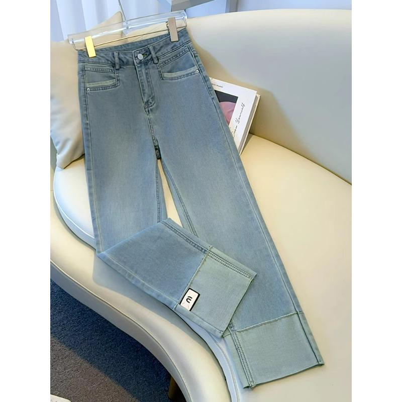 レディース デニムパンツ ジーンズ ストレート レトロ ハイウエスト スリム 細見え 切り替え 9分丈 小柄対応 春秋 カジュアル 普段使い
