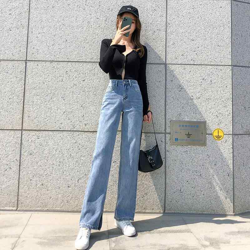レディース ハイウエスト ワイドレッグ デニムパンツ 春秋 スリット ダメージ ストレート ロング丈 カジュアル デニム 素材 伸縮性 普段使い