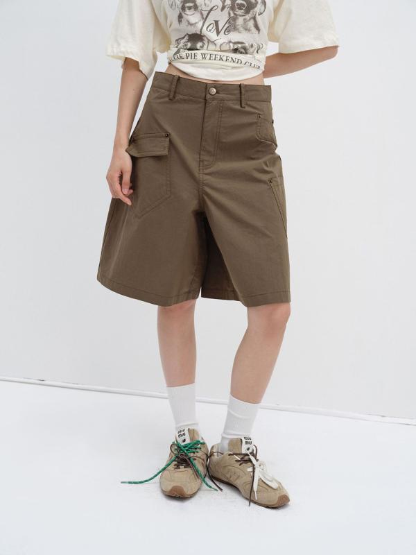 レディース ショートパンツ レトロ 石洗い スタッズ カジュアル ワイドレッグ 多ポケット ワーク 脚ライン 強調 春夏 普段使い