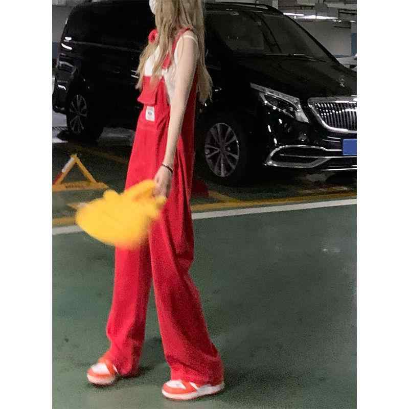 レディース 夏用 デニム サスペンダーパンツ レトロ 赤 ストレート ワイドレッグ ジーンズ カジュアル ビッグシルエット 女性用 普段使い 伸縮性 吸湿速乾