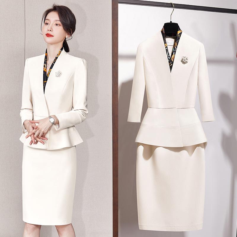 スーツセット レディース アイボリー ジャケット スカート ビジネス フォーマル 高級感 職業服 美容師用 通勤 普段使い 軽量 伸縮性