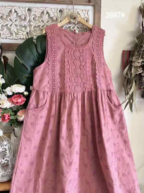 レディース ワンピース コットンリネン 切り替え レース 小花柄 ノースリーブ Aライン ロング丈 スリム 軽量 春夏 普段使い