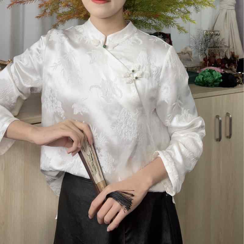 レディース 中国風 スタンドカラー 斜め襟 シルク クリープ ブラウス クラシック レトロ 軽量 通勤用 普段使い トップス 女性用 シャツ 復古 ソフト素材 快適 スタイリッシュ|新風堂