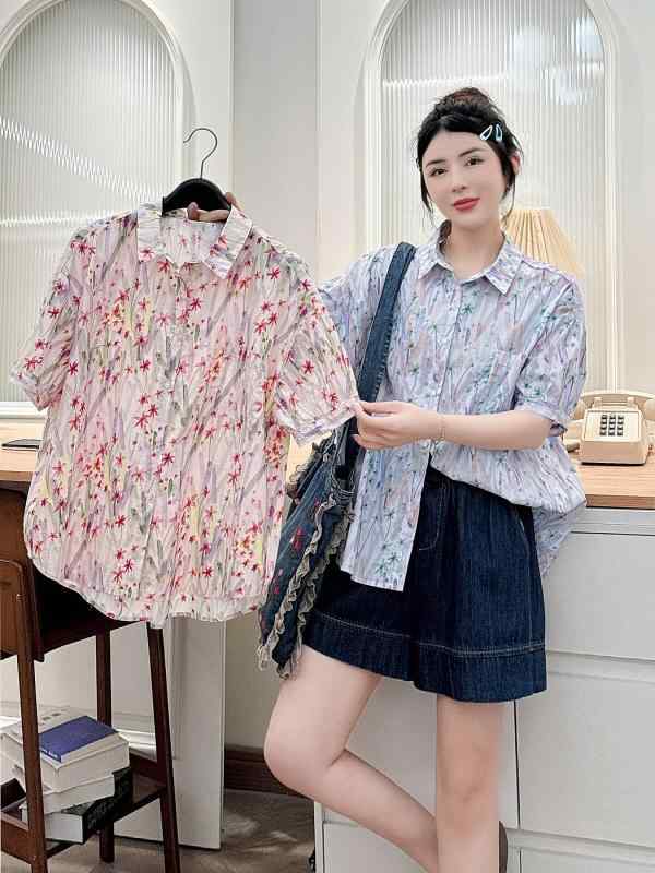 シャツ レディース 夏 ゆったり カジュアル 花柄 プリント 襟付き 短袖 トップス かわいい 合わせやすい 普段使い 若見え スタイル