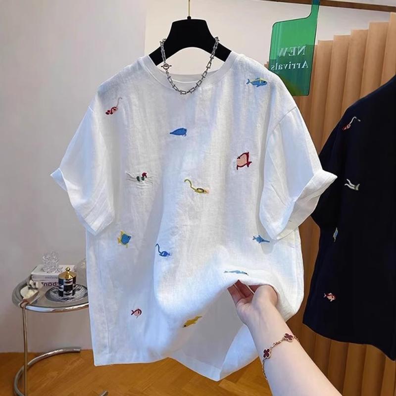 Tシャツ レディース リネン 刺繍 丸首 短袖 コットンリネン 夏用 ファッション スリム コーディネート ゆったり トップス 通気性 軽量 吸湿速乾