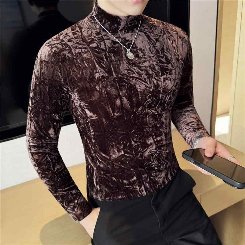 メンズ 長袖Tシャツ ベルベット素材 ハーフタートルネック スリムフィット インナートップス 春物 暖か素材 ボディコンシャス 普段使い レイヤード トップス