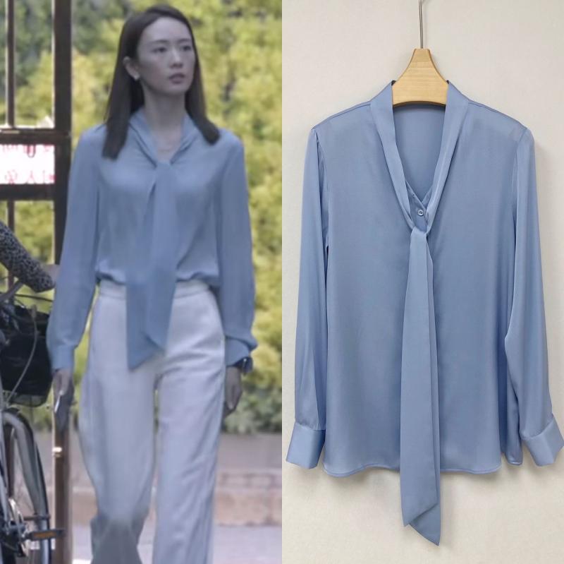 レディース シャツ Vネック リボン 付き 厚手 シルク サテン 長袖 トップス 滑らかな ドレープ 高級感 柔らかい 素材 女性用 ブラウス スタイリッシュ |新風堂