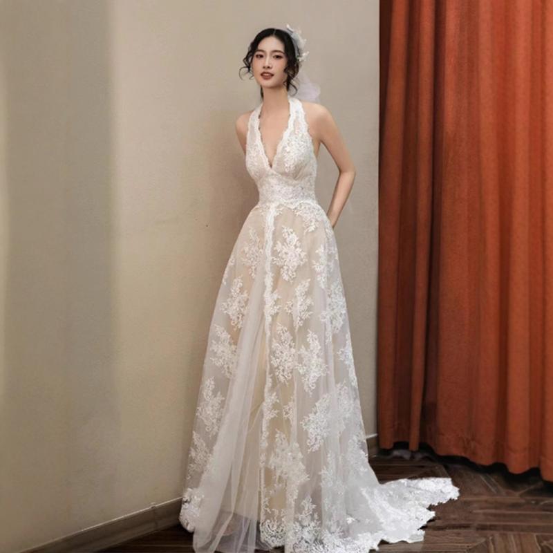 レディース ウェディングドレス 韓国式 レース ハルターネック 軽量 高級感 ナチュラル かわいい 結婚式用 パーティー用 イブニング 誕生日 森ガール 幻想的 シフォン素材 伸縮性 女性らしい シルエット｜新風堂