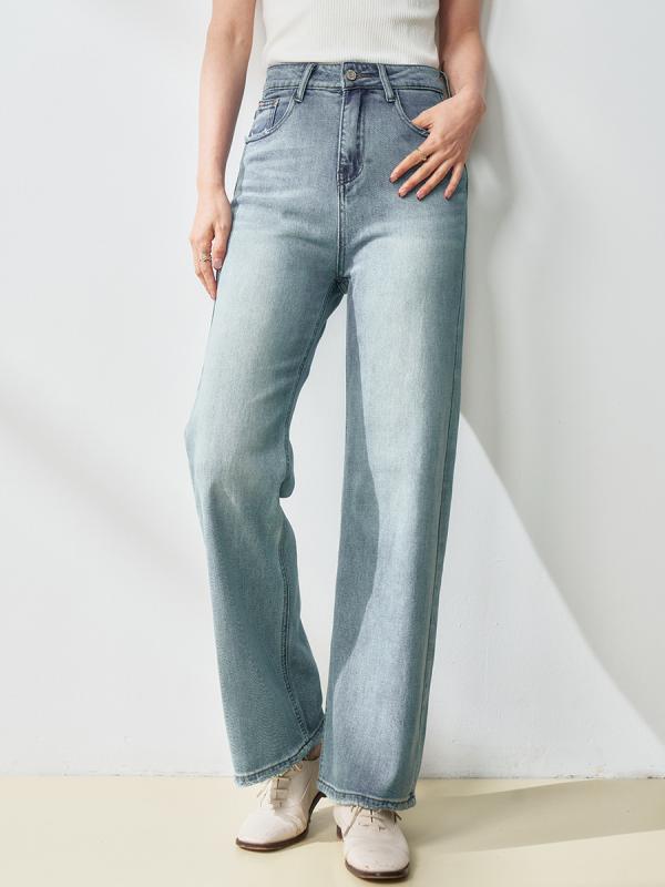 デニムパンツ ハイウエスト ワイドレッグ ストレート レトロ シンプル 細身 スリム シルエット 脚長 効果 高級感 カジュアル スタイル 普段使い 快適 伸縮性