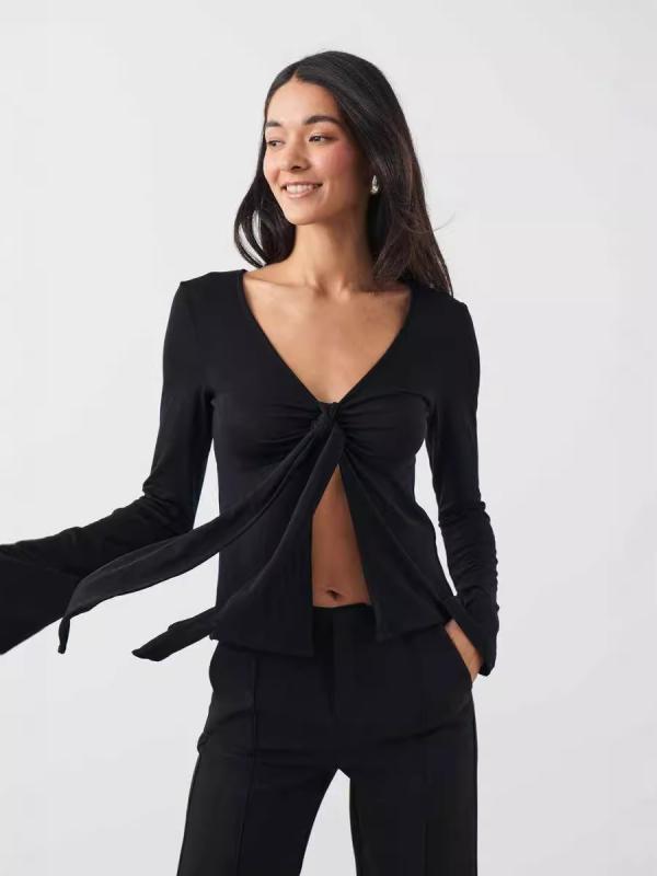Tシャツ レディース 長袖 スリムフィット セクシー リボン 蝶結び トップス ボディコンシャス 女性用 かわいい 普段使い 伸縮性