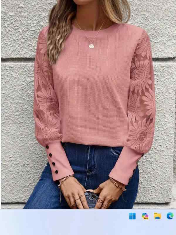 トップス 長袖 丸首 レース 切り替え 透け感 Tシャツ 女性用 カジュアル 日常使い 伸縮性 コットン混 ブラック ホワイト ピンク系
