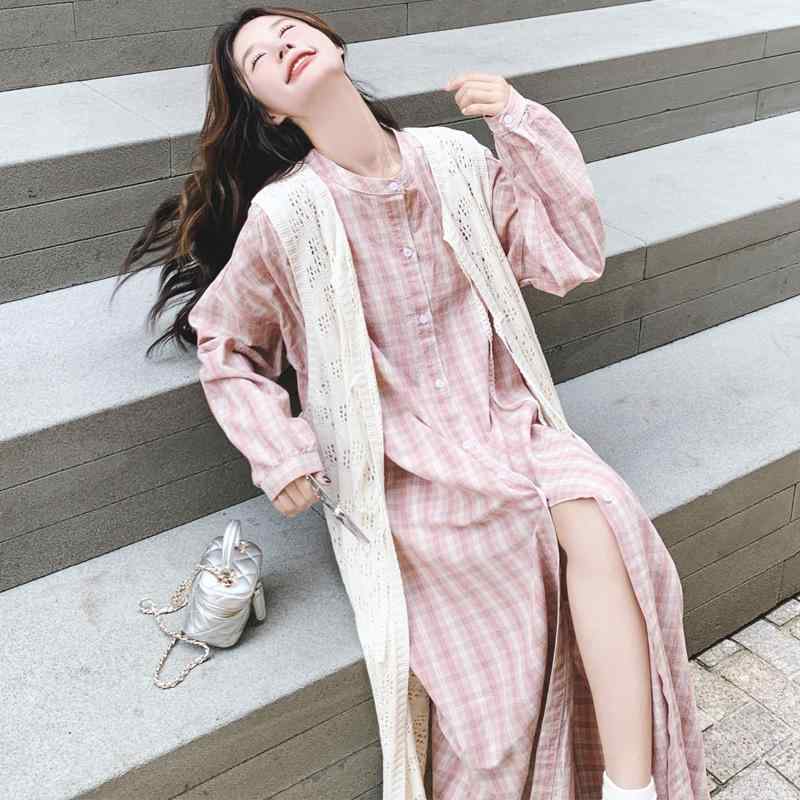 フレンチスタイル レディース ワンピース セット ピンク チェック柄 レトロ シャツ ニット カーディガン レイヤード 春夏 軽量 伸縮性 普段使い｜新風堂