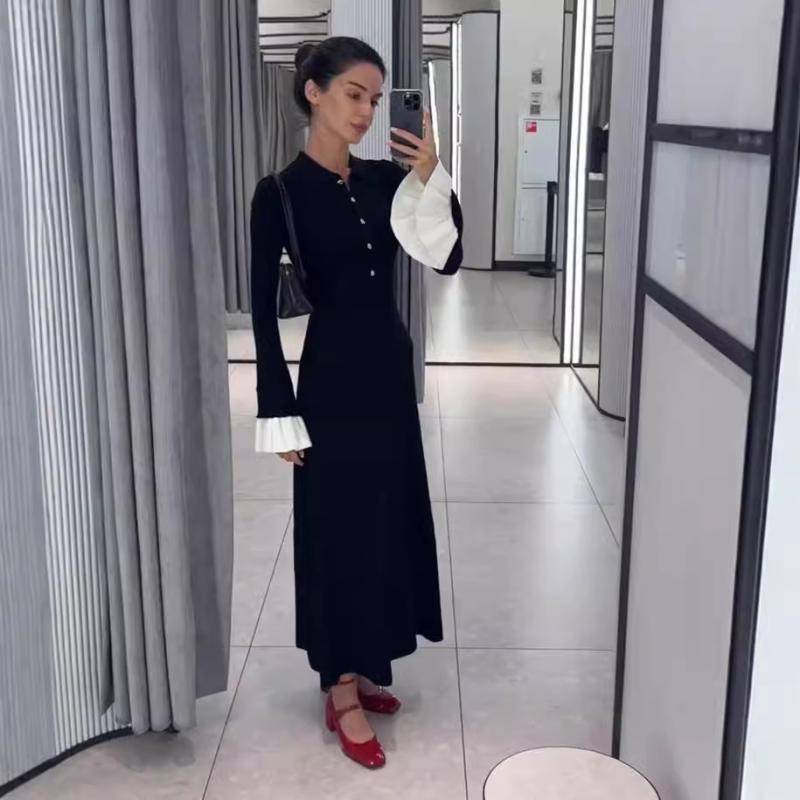 レディース 長袖 ニット ワンピース ロング丈 切り替え ウエストシェイプ スリム 効果 カジュアル スタイル 柔らかい 素材 暖かみ ボディライン 強調 普段使い トップス ドレス｜新風堂