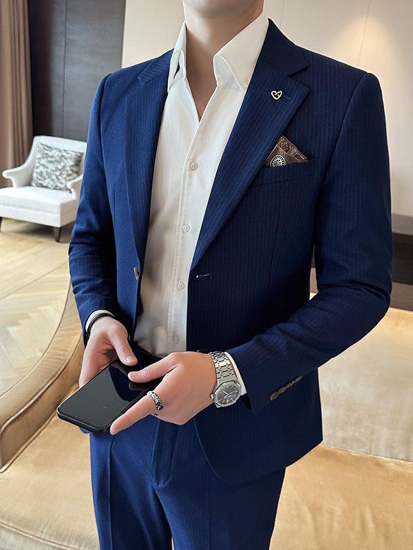 メンズ スーツ 新郎用 ビジネス 結婚式 礼服 カジュアル スリムフィット ストライプ ツーピース セット フォーマル 職業 装い 通勤 普段使い 軽量 伸縮性|新風堂